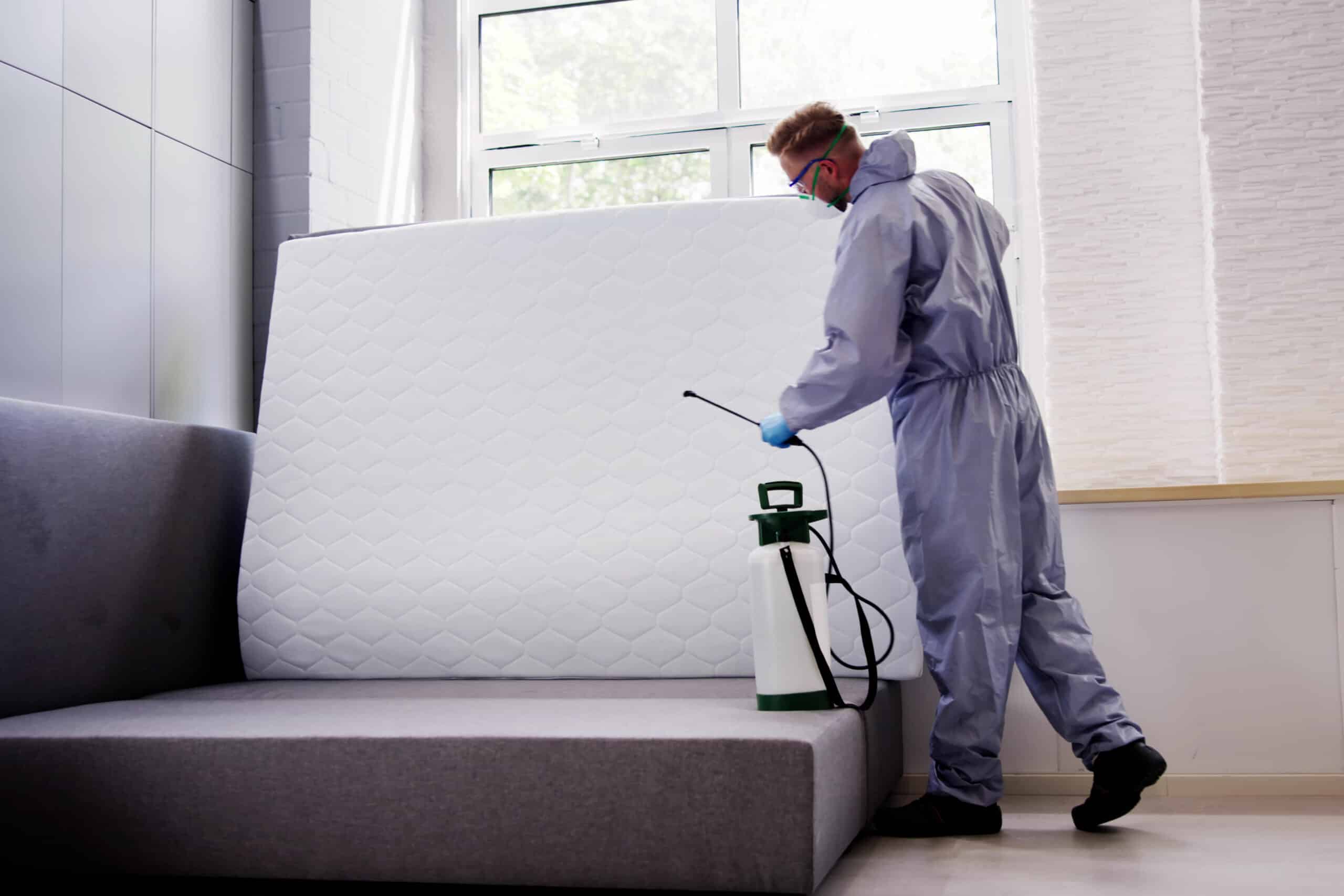 Pest control technician in protective gear spraying a mattress during bed bug extermination.