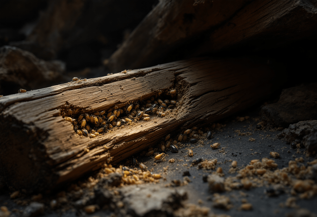 Powderpost beetle infestation inside a damaged wooden beam with frass.