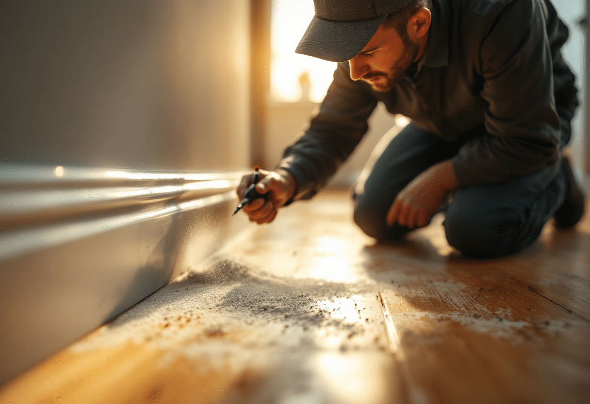 Pest control technician applying insecticide dust along baseboard floor cracks.