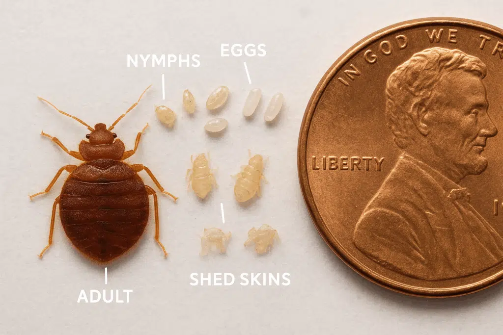 Close-up comparison of bed bug life stages—eggs, nymphs, shed skins, and an adult—arranged next to a U.S. penny for size reference.