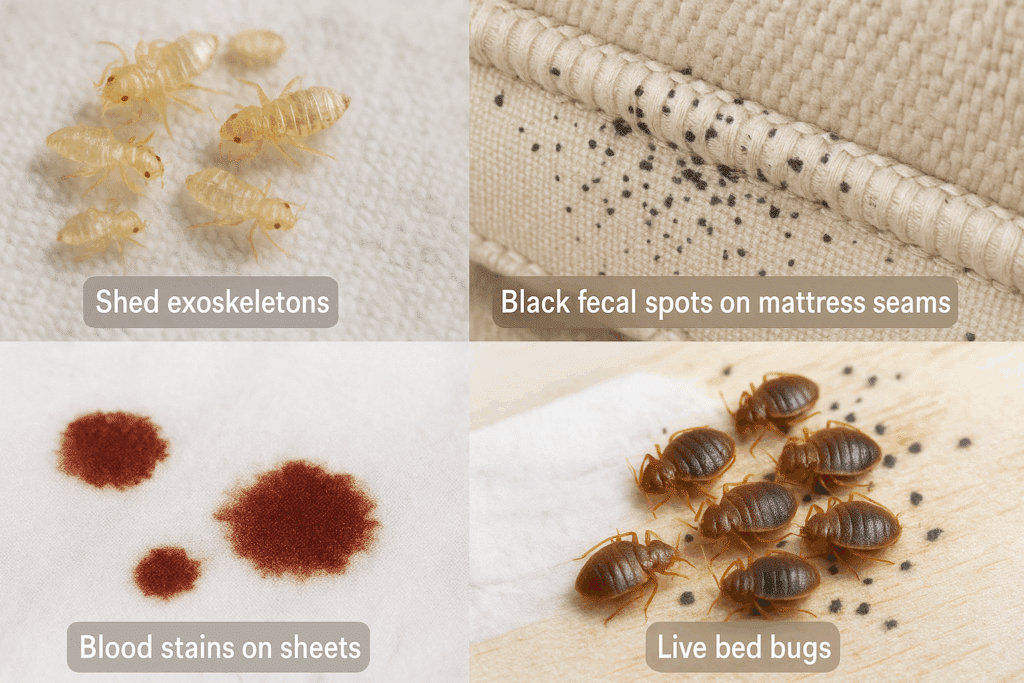 Landscape collage of bed bug infestation signs, including shed skins, fecal spots, blood stains, and live bed bugs.