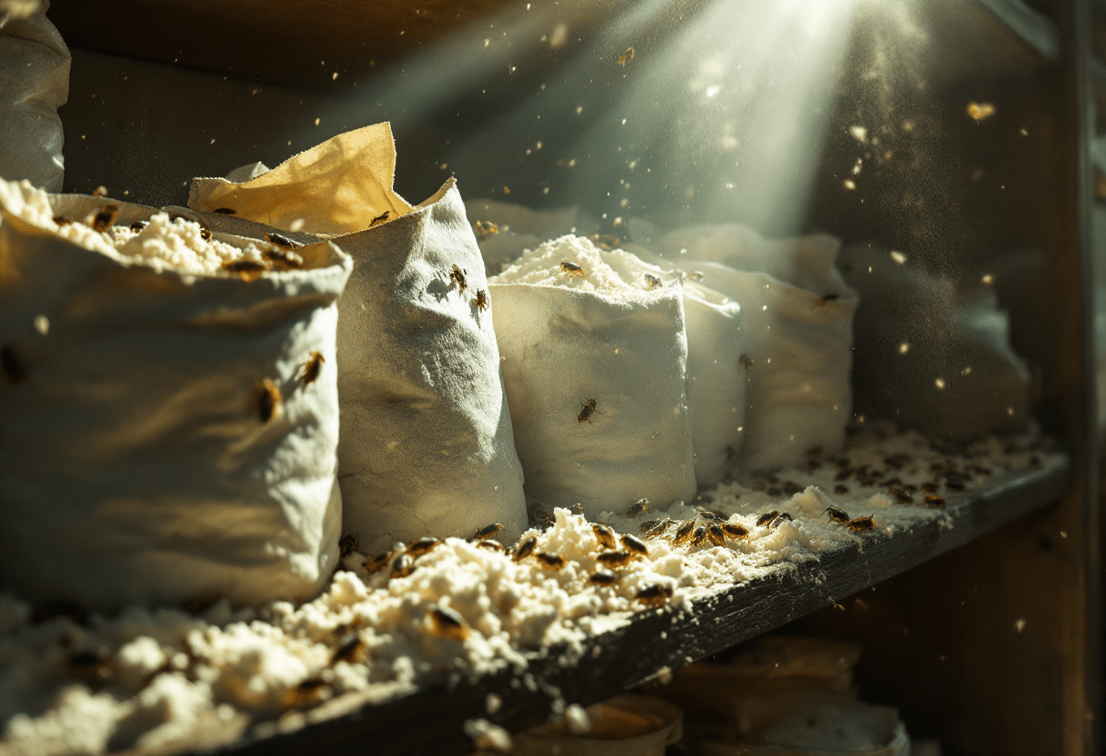 Sawtoothed grain beetles infesting flour bags on a pantry shelf.
