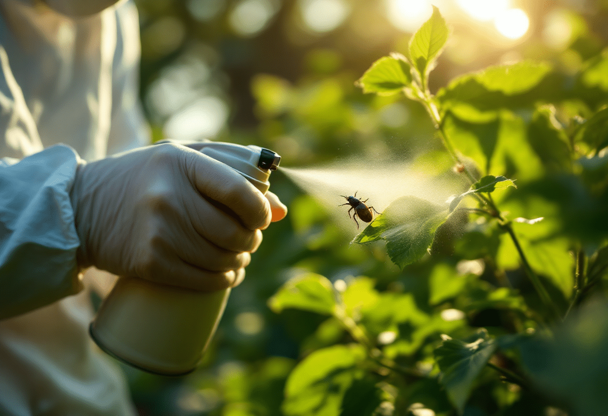 Person spraying pesticide on a beetle-infested plant.