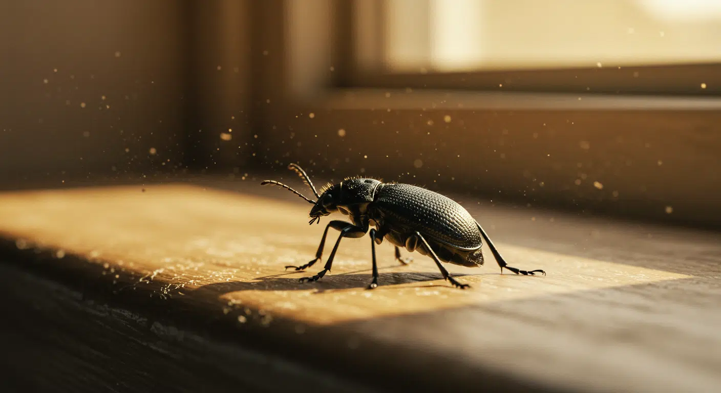 Black carpet beetle on a wooden windowsill.