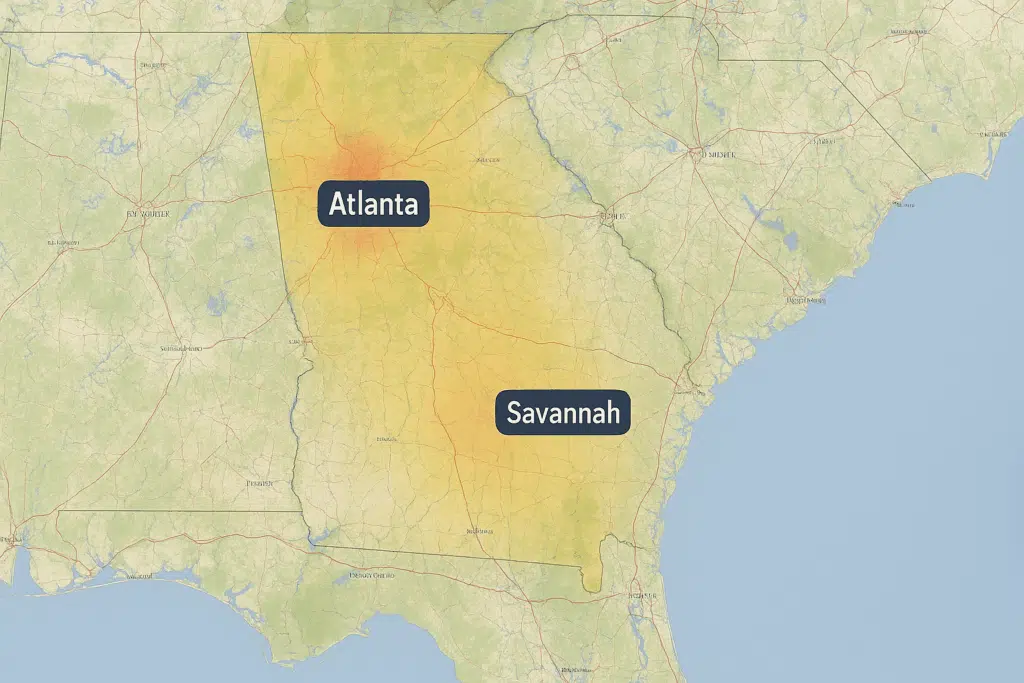 Realistic map of Georgia showing roads and cities with heat zones for bed bug activity centered on Atlanta and Savannah.