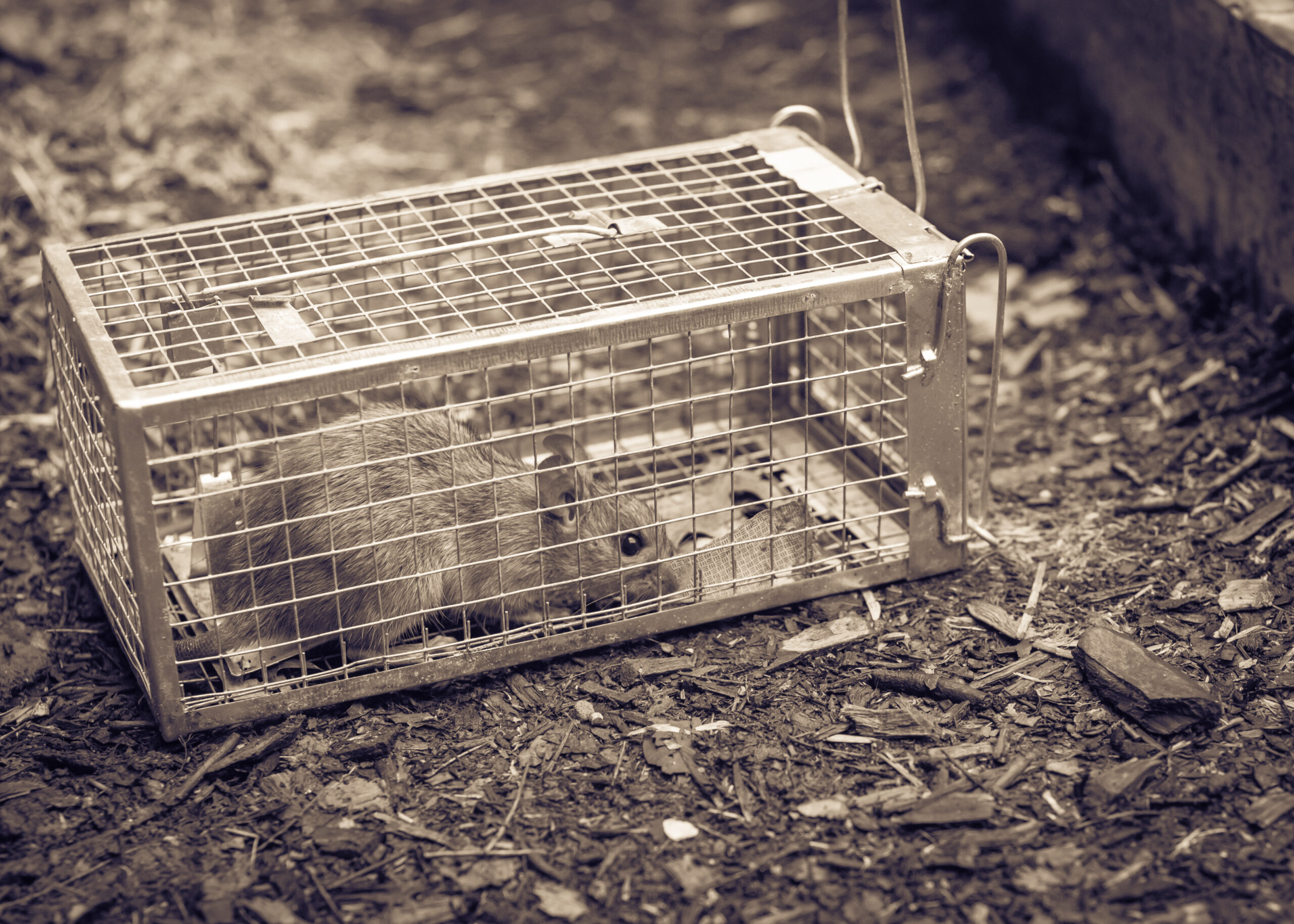 Huge rat captured in live trap near raised bed garden. Galvanized steel wire mesh rodent cage with door lock.