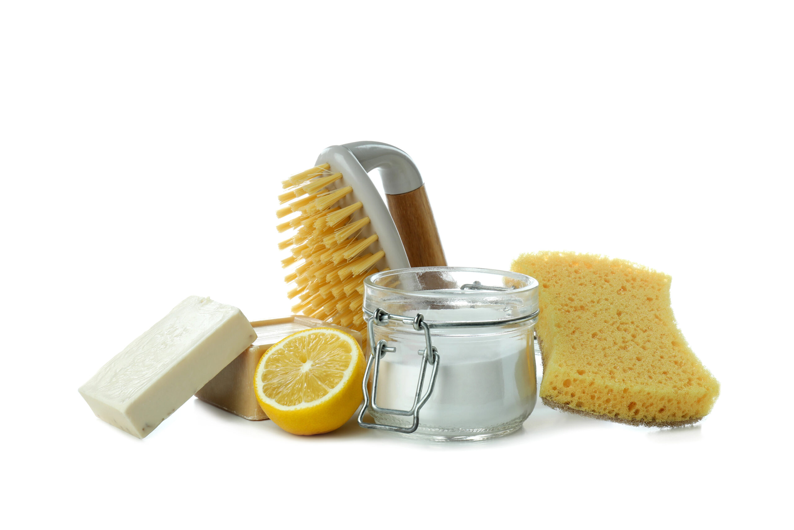 Natural flea and tick repellent ingredients including lemon, vinegar, soap, a cleaning brush, and sponge displayed on a white background—chemical-free pest control option for homes and pets.