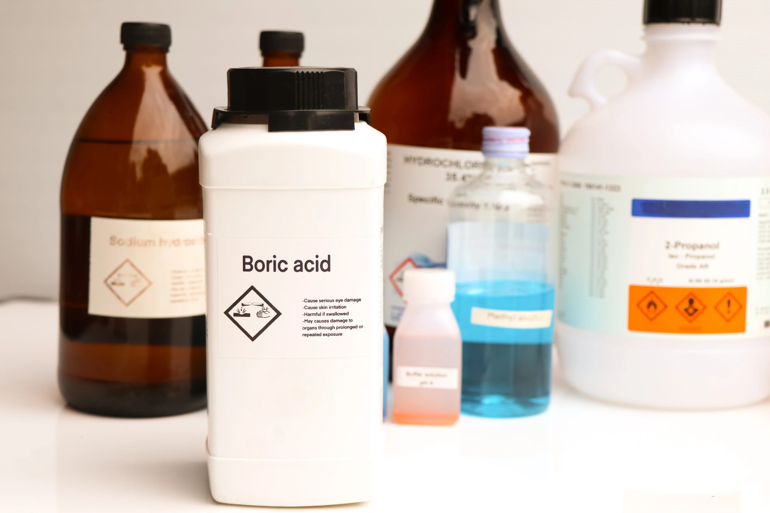 Boric acid in bottle, chemical in the laboratory and industry
