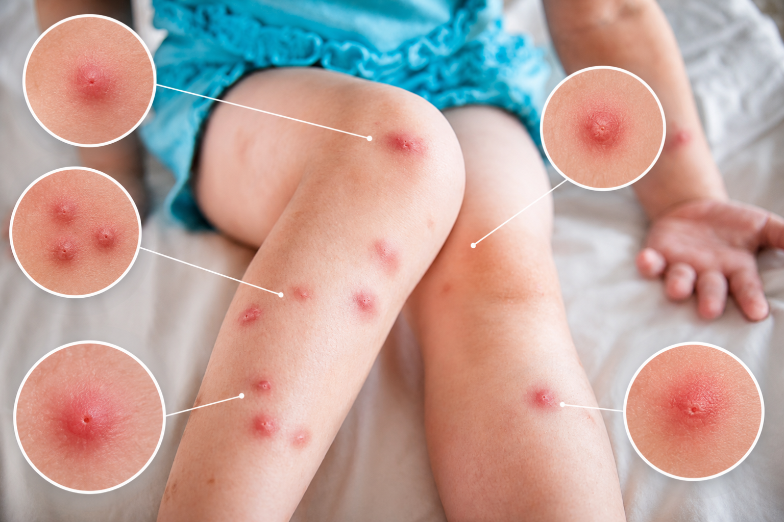 Bug bite identification image showing multiple red, swollen insect bites on a child's legs with magnified close-up views highlighting the appearance of common bug bites.
