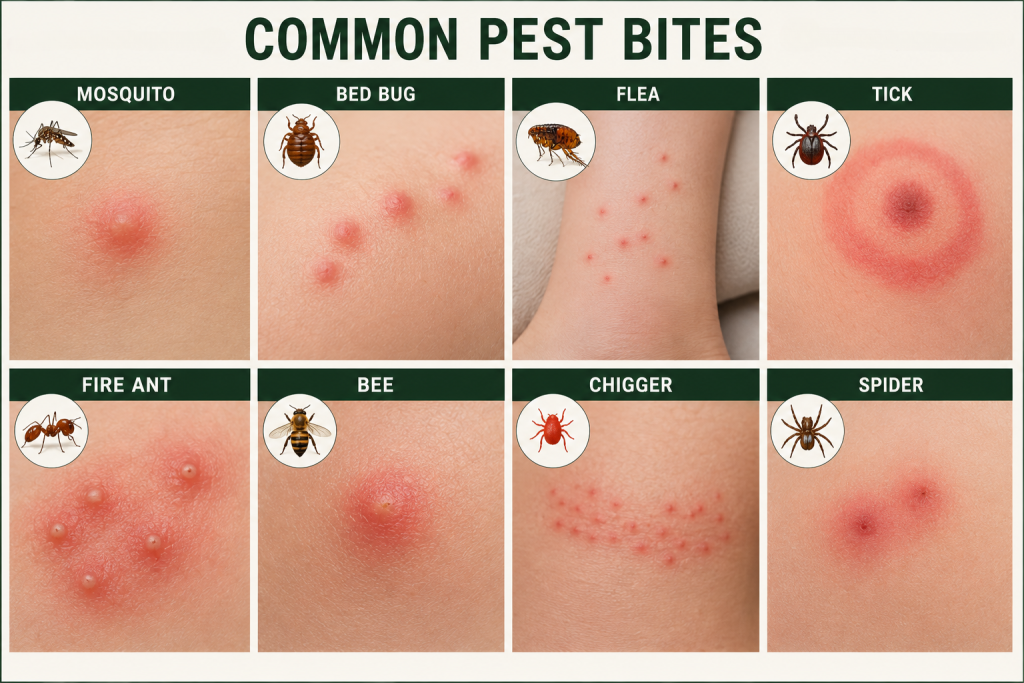 Bug bite identification chart comparing mosquito, bed bug, flea, tick, fire ant, bee, chigger, and spider bites with close-up photos of each skin reaction.
