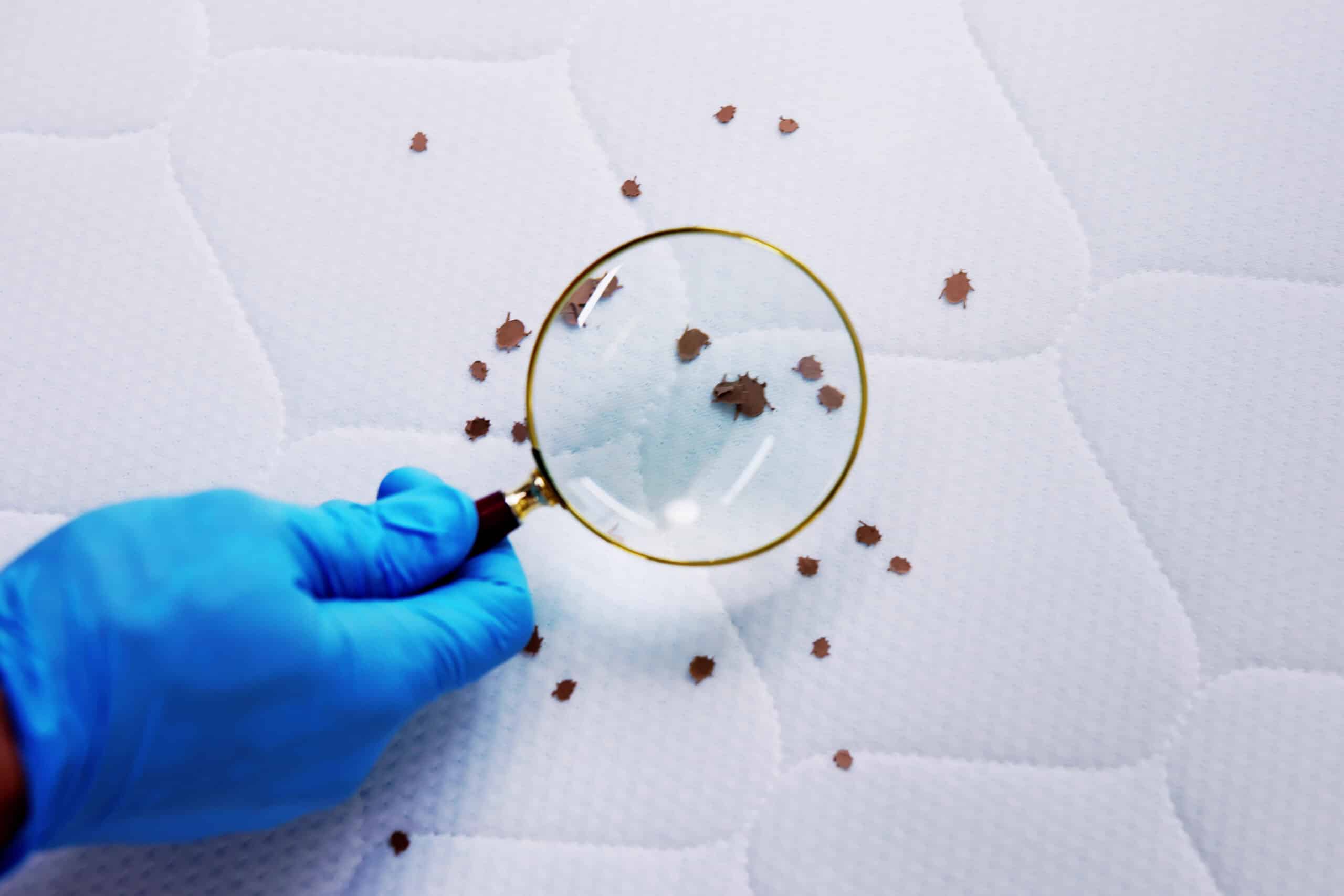 Gloved hand holding magnifying glass over bed mattress with bed bugs visible on white surface