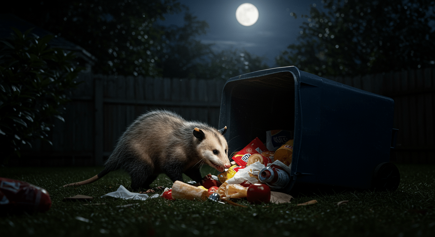Opossum rummaging through an overturned backyard trash bin under the moonlight.