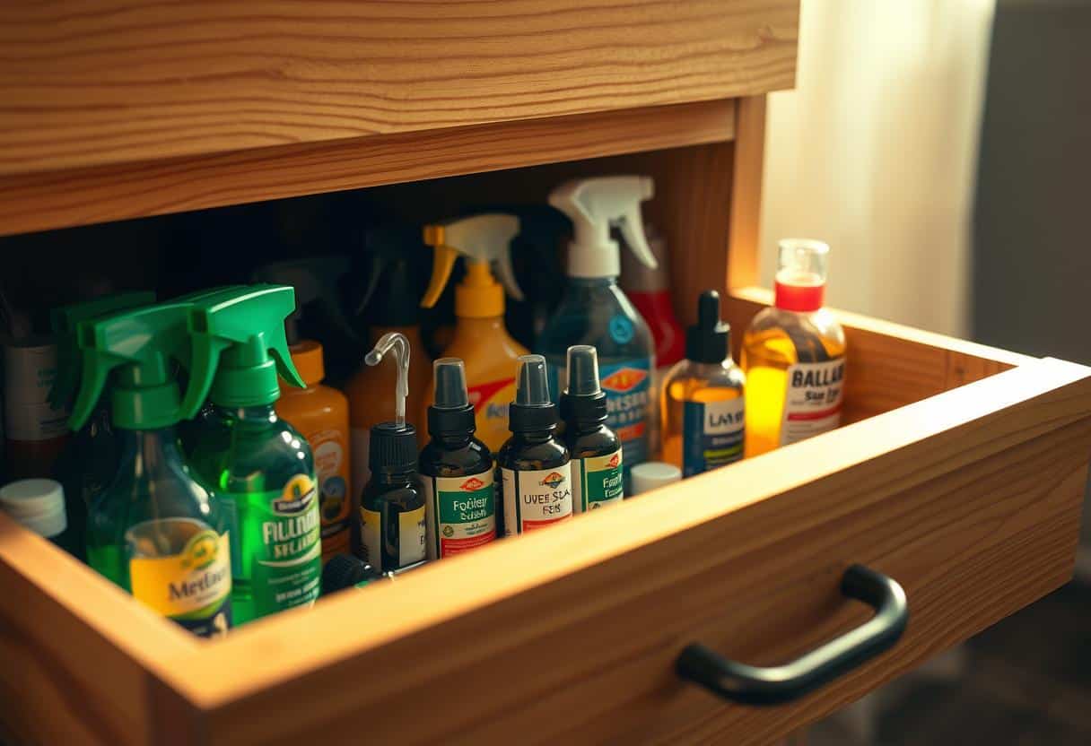 Open drawer of bug sprays, and essential oils