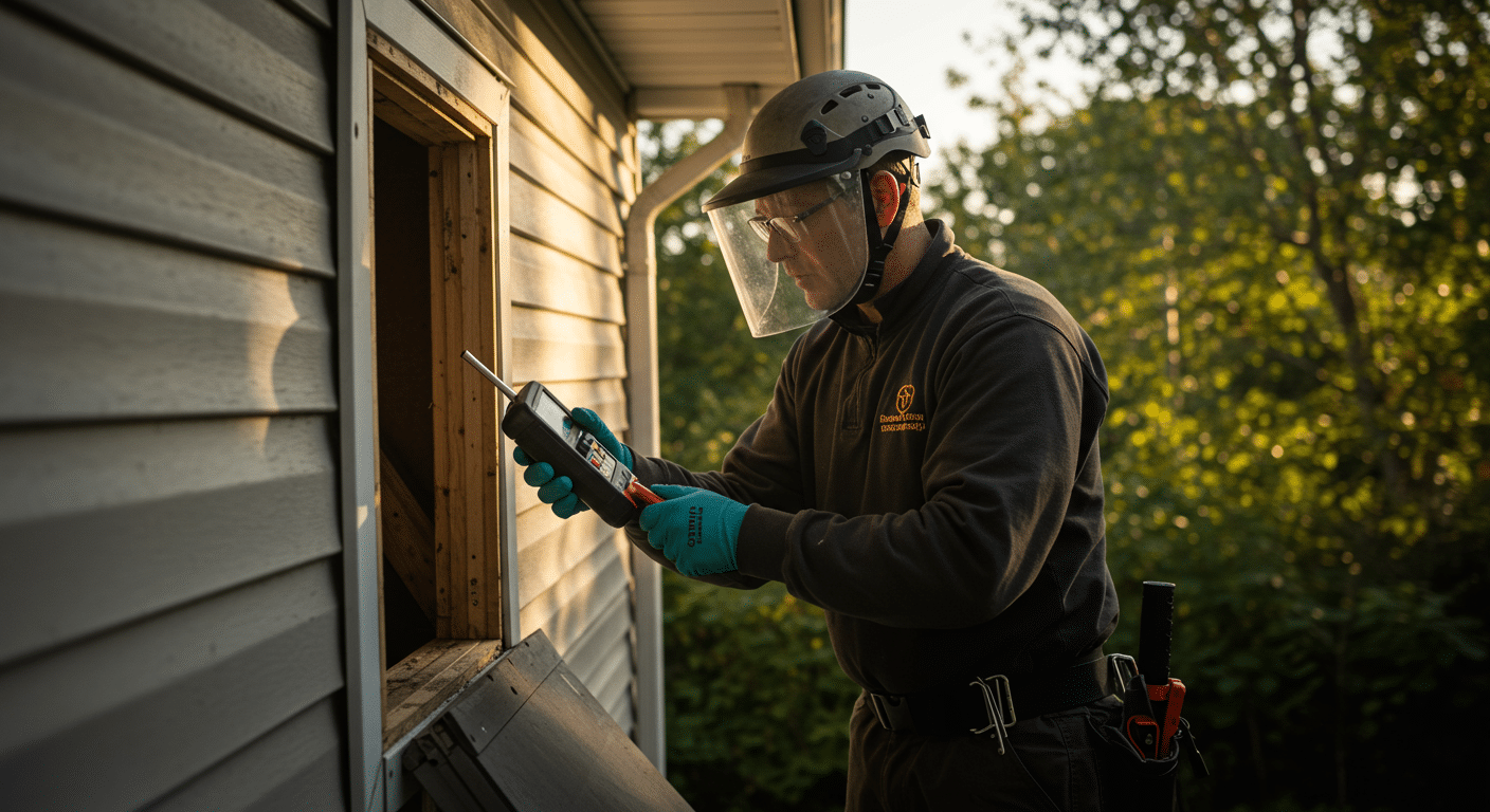 Wildlife control technician wearing protective gear seals an attic entry point with caulk.