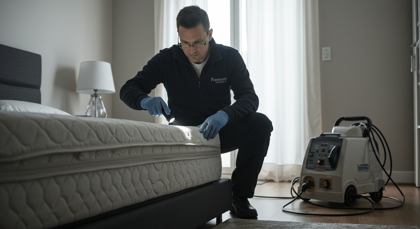 Pest control technician inspecting a mattress seam with flashlight, next to heat treatment equipment