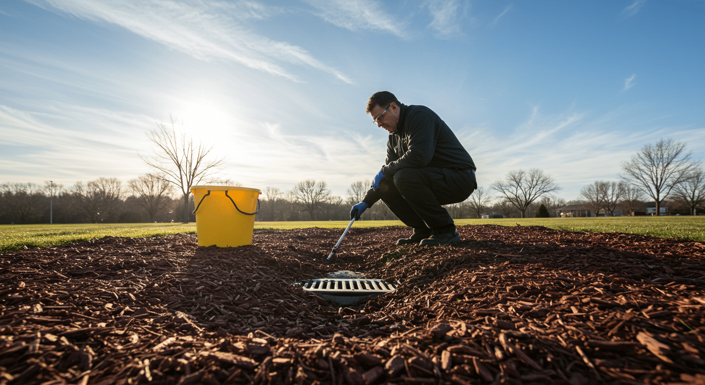 Pest control technician inspecting an outdoor drain surrounded by mulch with a yellow bucket nearby.