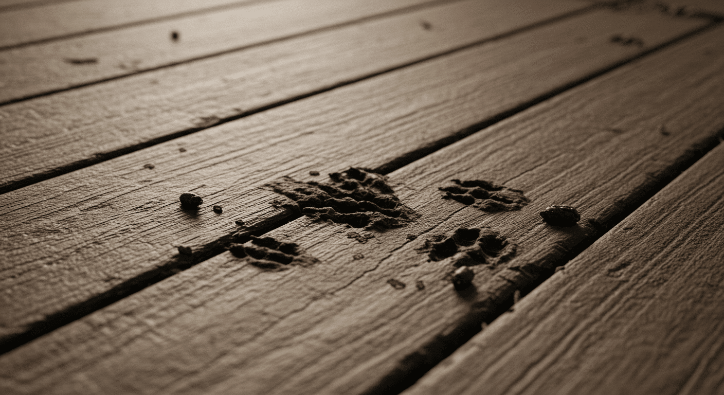Close-up view of muddy opossum tracks and small droppings on a wooden deck surface.