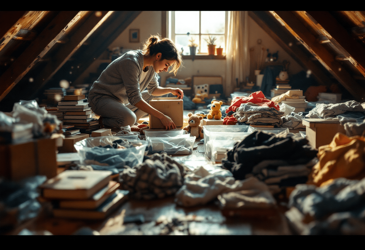 Woman organizing cluttered attic by placing books, clothes, and toys into sealed storage bins.