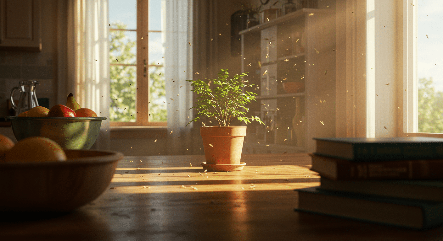 Indoor gnat infestation around a potted plant on a sunlit table, with fruit bowls and books nearby.