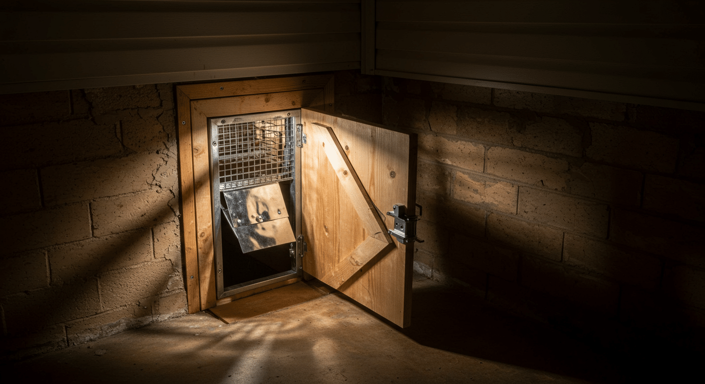 One-way opossum exclusion door installed on a crawlspace entrance with a wooden frame.