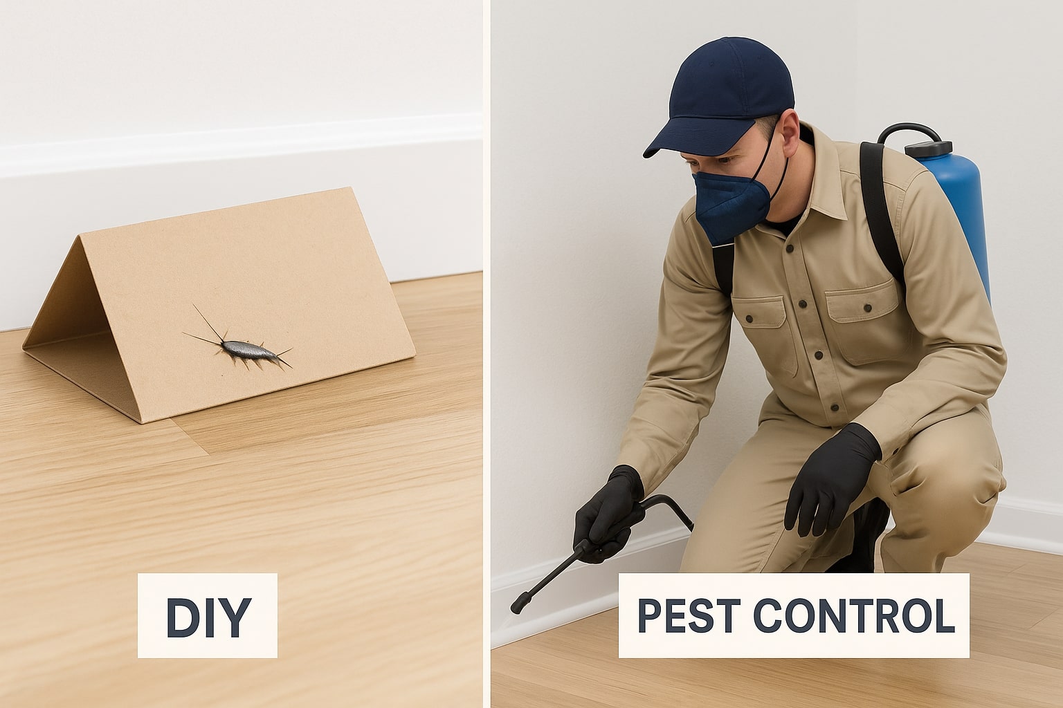 Split-screen comparison illustration of a DIY silverfish trap versus a professional pest control technician spraying treatments