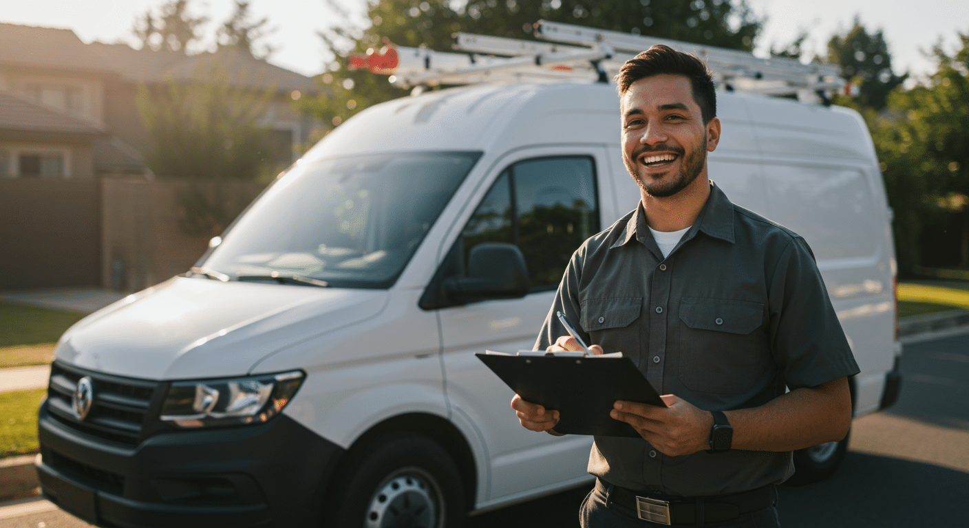 Smiling pest technician with clipboard in front of an unmarked van