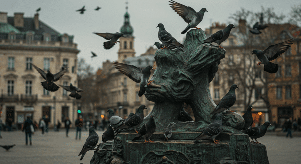 Flock of pigeons perched and flying around a public statue in a city square.