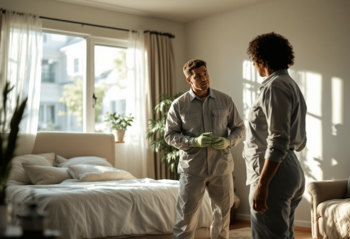 Pest control technician discussing treatment plan with a homeowner in a prepared bedroom.