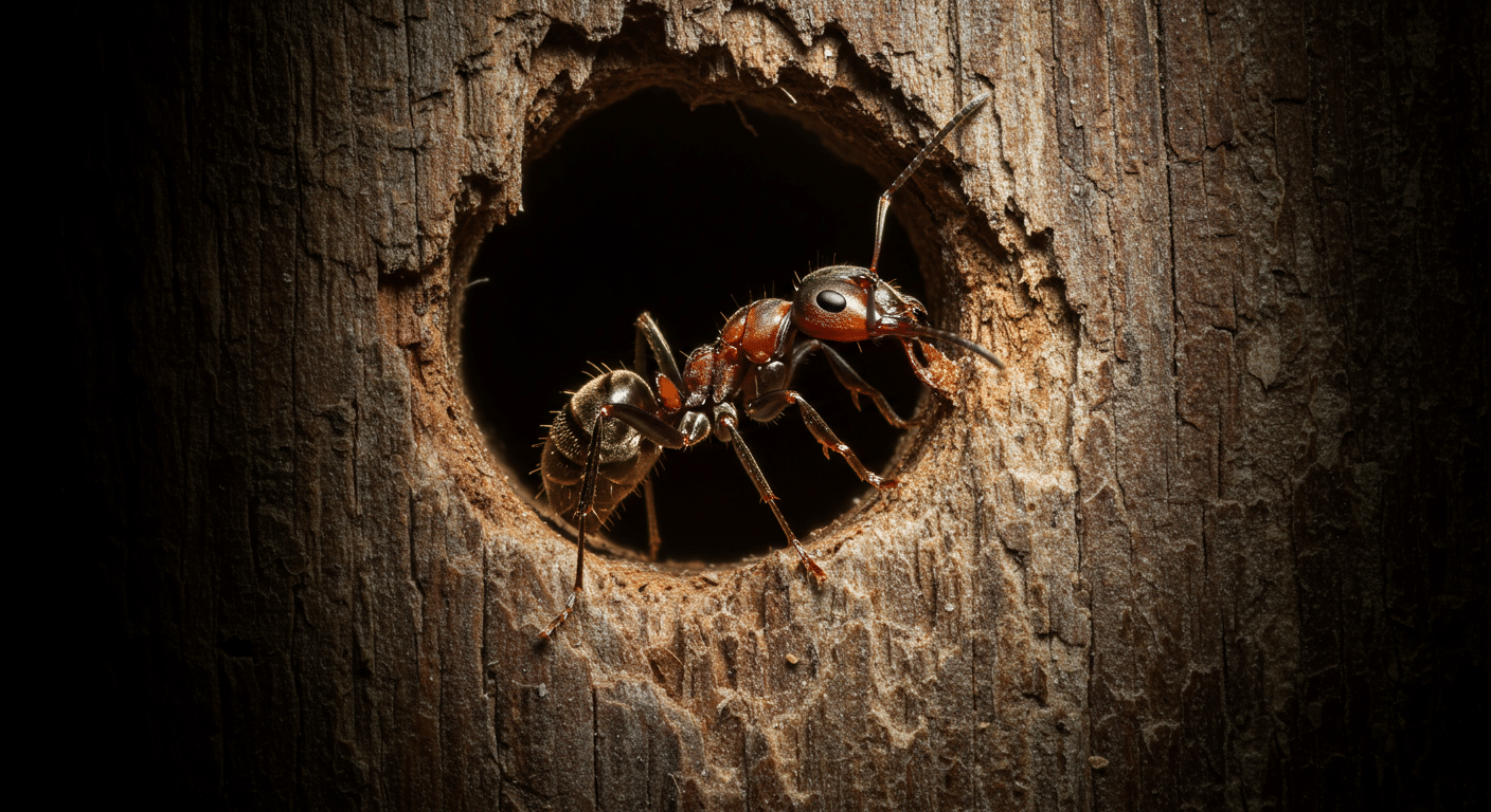 Close-up of a carpenter ant emerging from a tunnel in damaged wood.