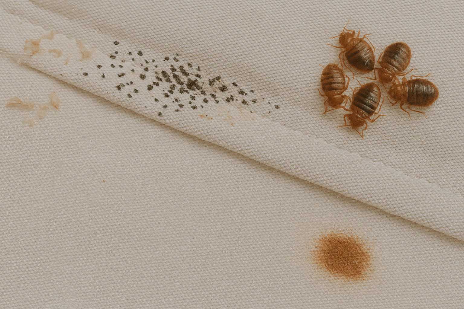 Close-up of mattress seam showing shed exoskeletons, fecal spots, blood stain, and live bed bugs