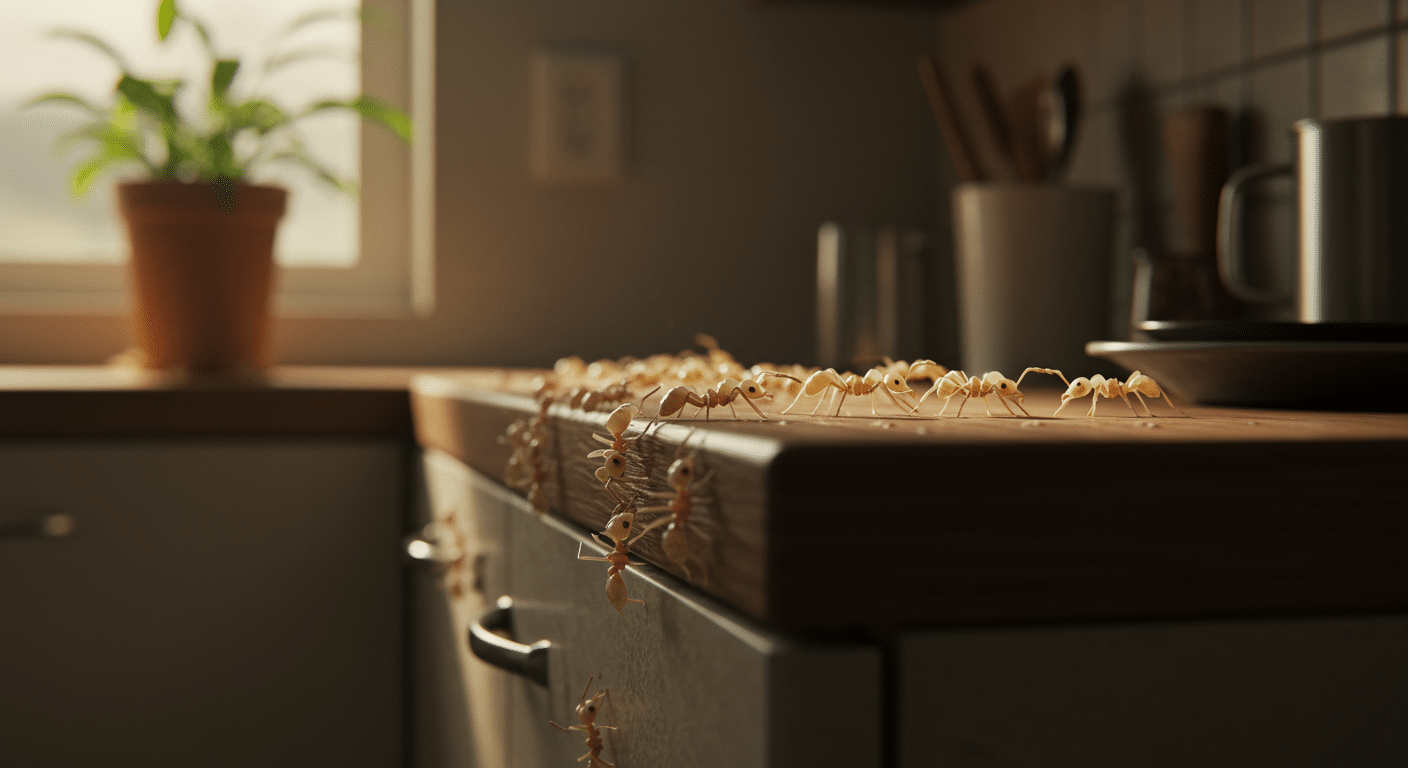 Tiny ghost ants trailing along the edge of a kitchen counter near food crumbs.