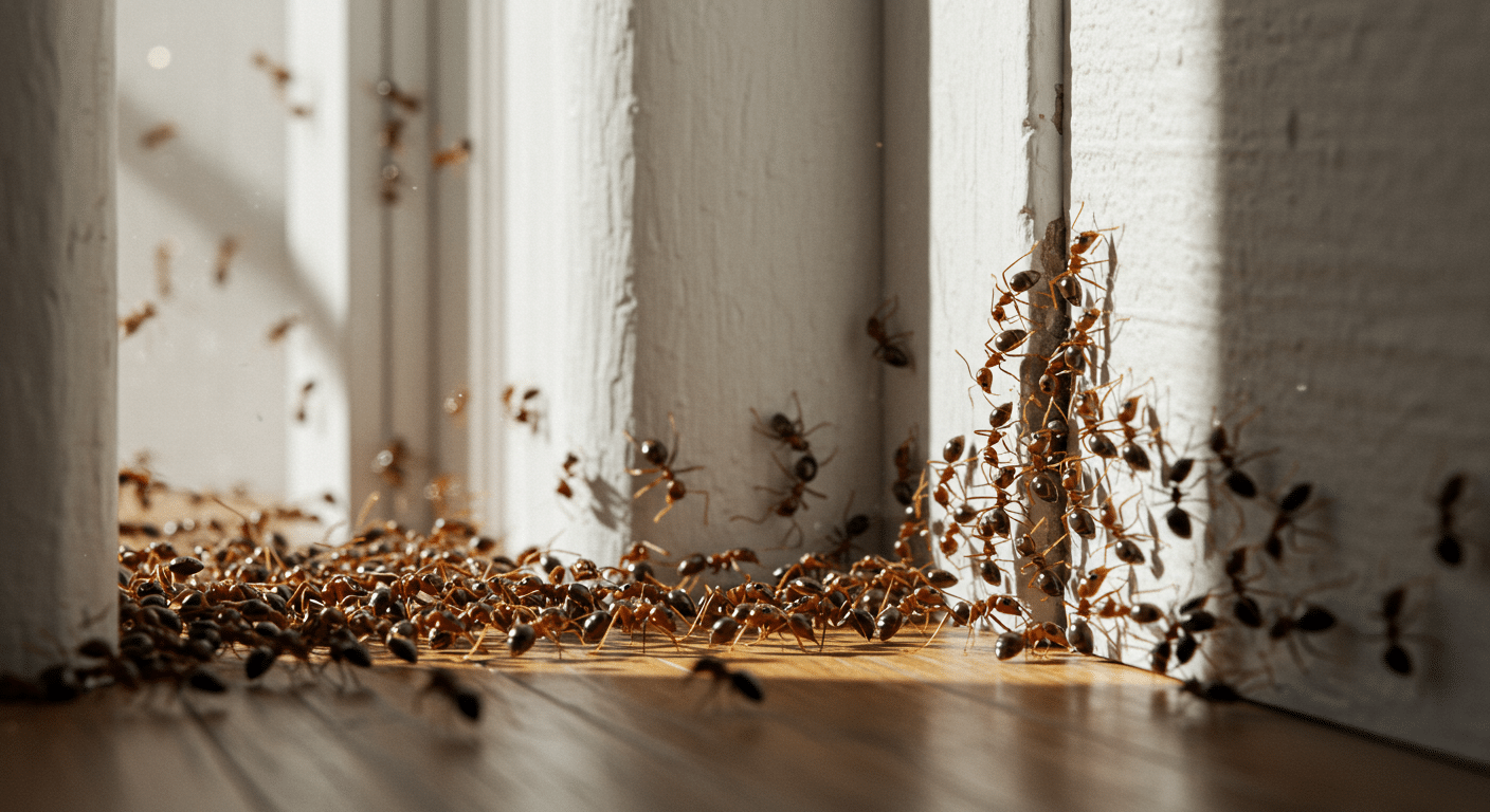 Large trail of Argentine ants swarming along a white baseboard and entering a wall crack inside a home.