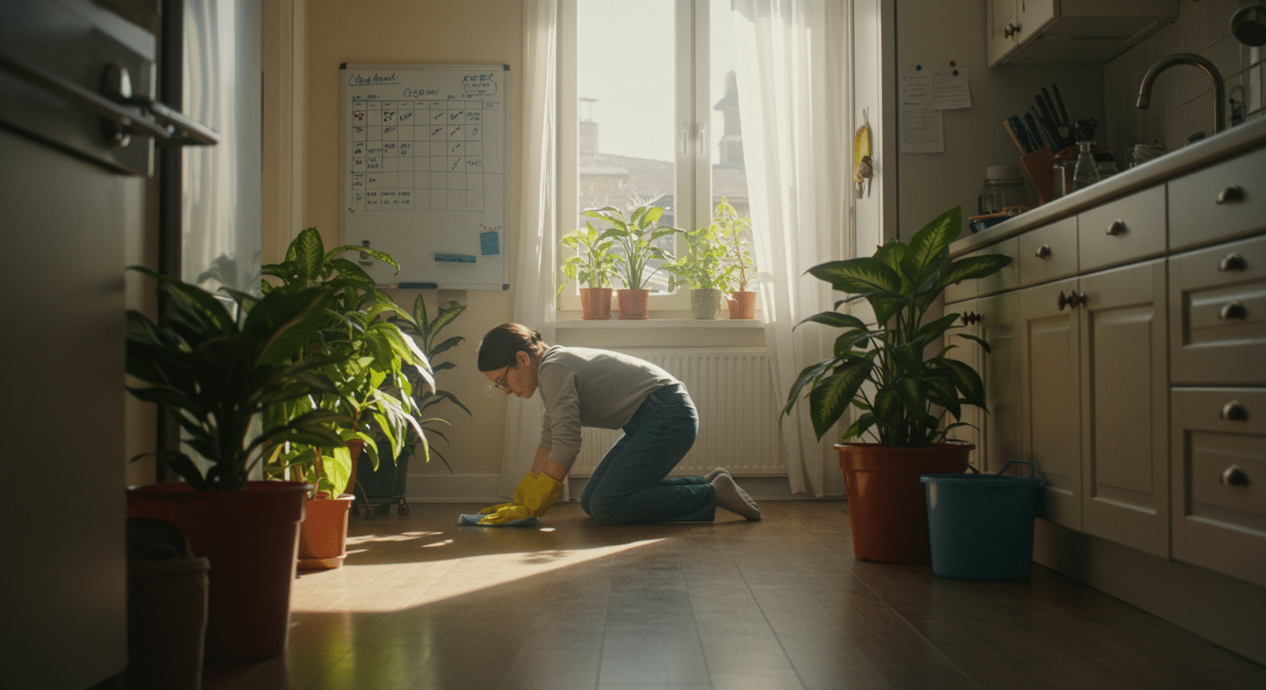 Person wearing yellow gloves scrubbing a kitchen floor surrounded by potted plants, with a cleaning schedule on a whiteboard.