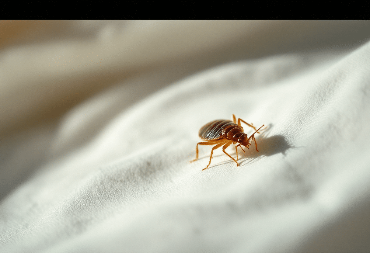 A brown bed bug crawling on white fabric in bright sunlight