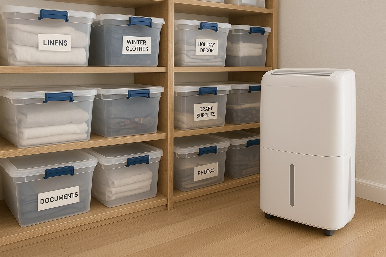 Clean organized storage room with sealed plastic bins labeled for storage and a dehumidifier running to reduce moisture