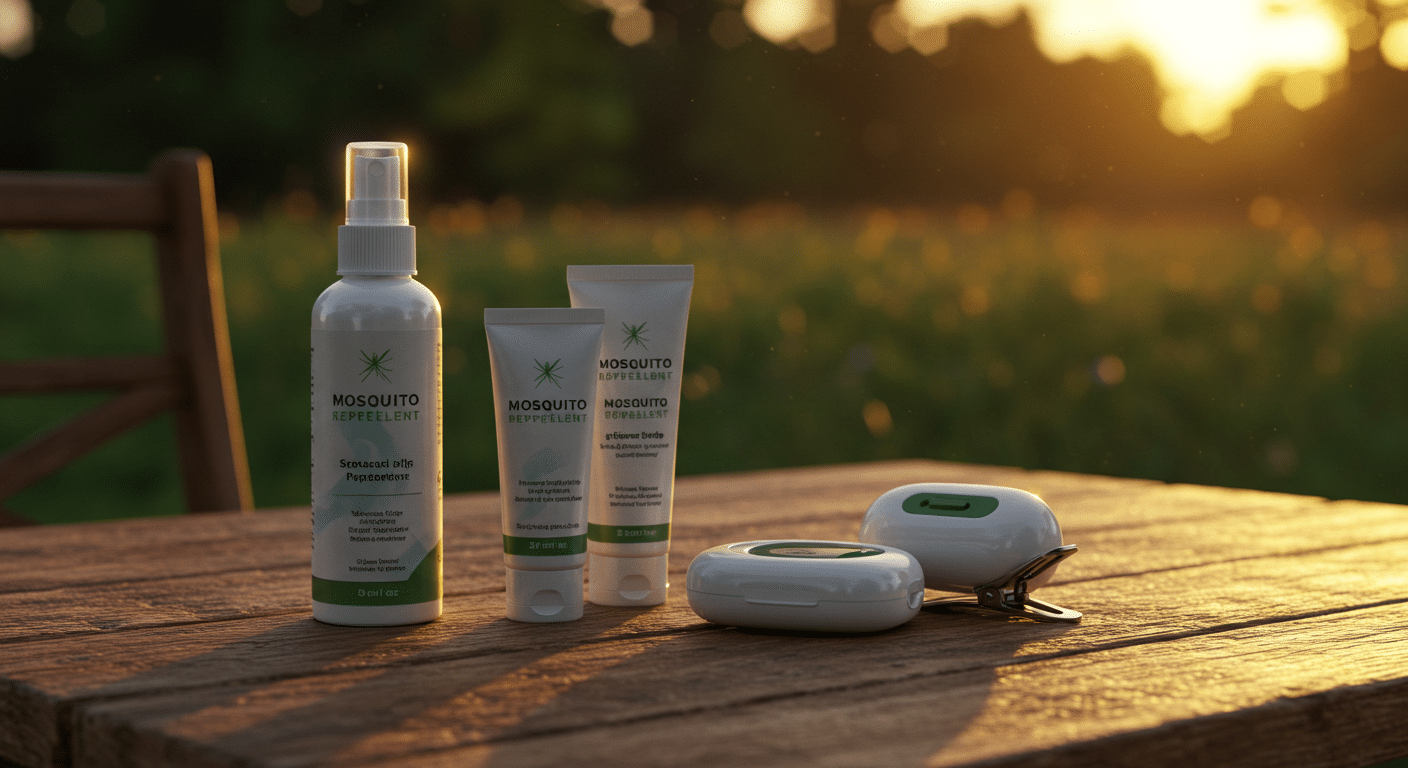 Assorted mosquito repellent products including a spray bottle, lotion tubes, and clip-on devices placed on a wooden outdoor table.