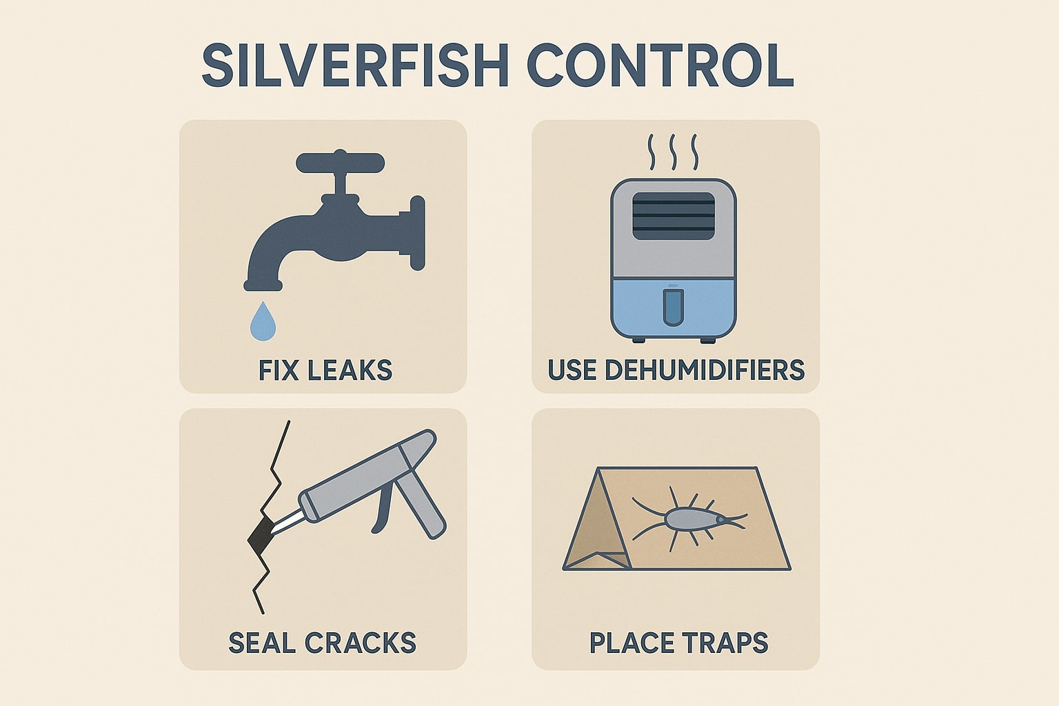 Infographic showing silverfish control steps including fixing leaks, using dehumidifiers, sealing cracks, and placing traps