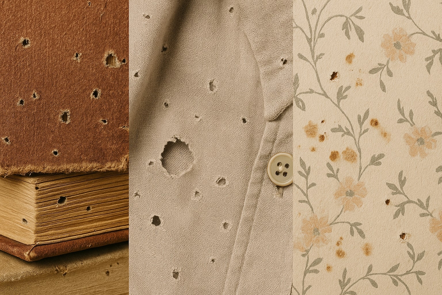 Silverfish damage shown as ragged holes and stains on book pages, clothing fabric, and wallpaper