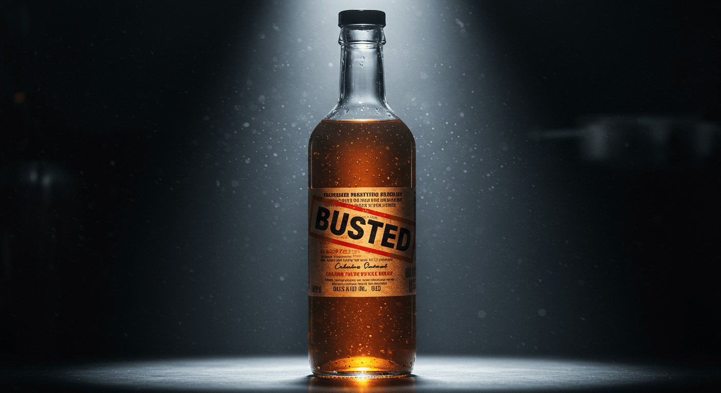Bottle of vinegar with a bold red “Busted” stamp across the label under a spotlight.