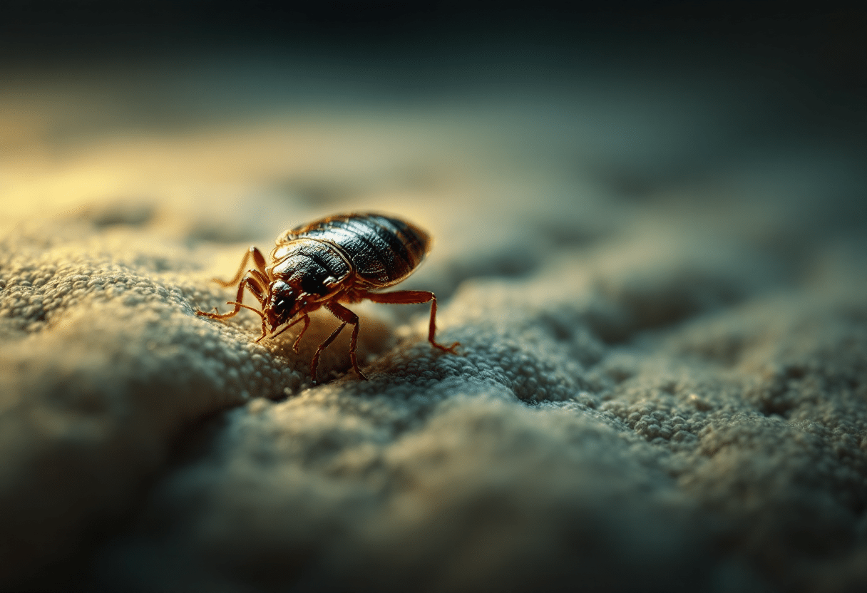 Close-up of a bed bug crawling along a mattress seam.