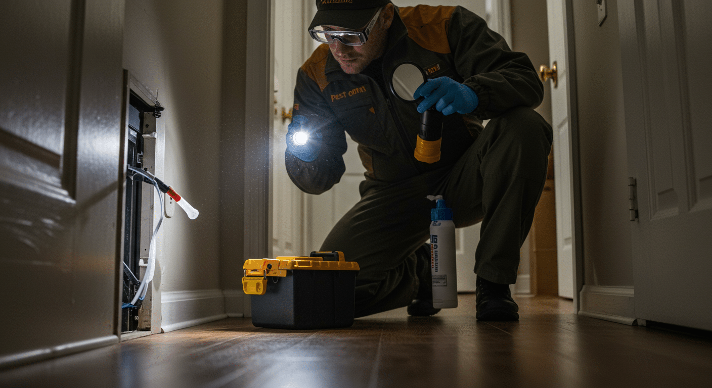 Pest control technician using a flashlight to inspect inside a wall while carrying professional tools and treatment equipment.