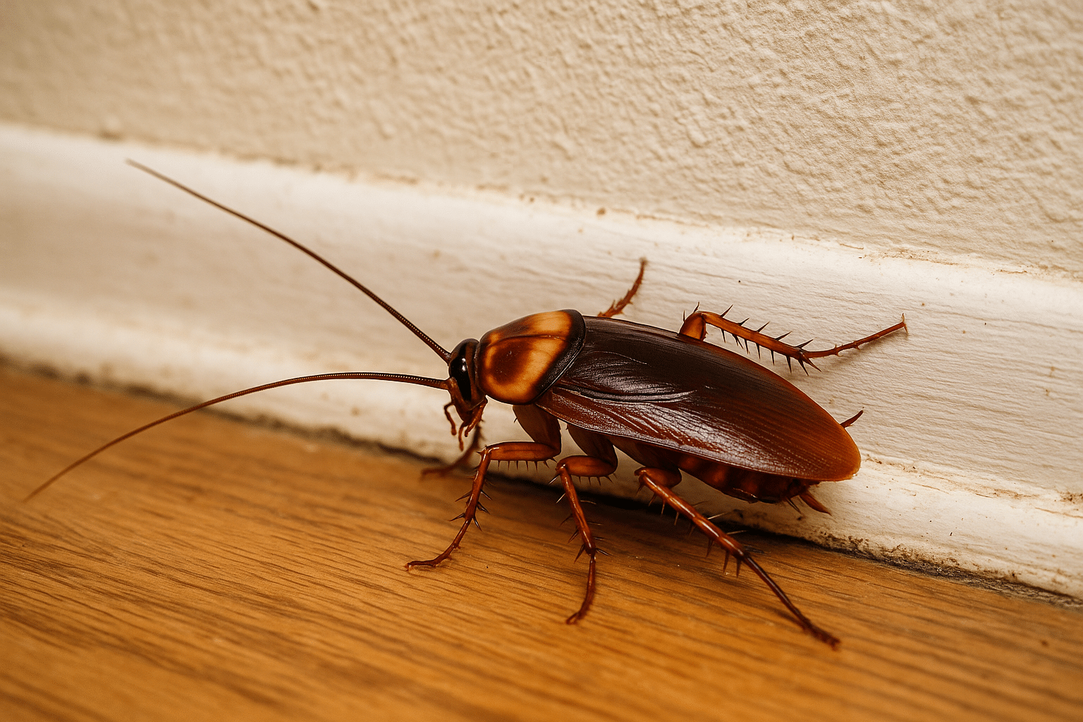 Close-up of an adult American cockroach crawling along a white baseboard on a hardwood floor in a Florida home