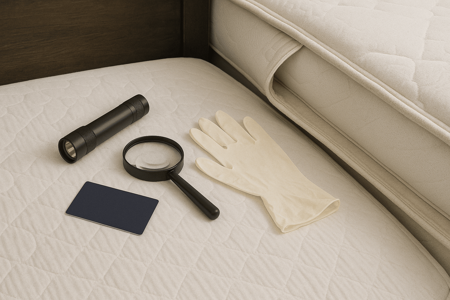 Bed bug inspection tools—flashlight, magnifying glass, credit card, and gloves—on a mattress with lifted seam and headboard in view.