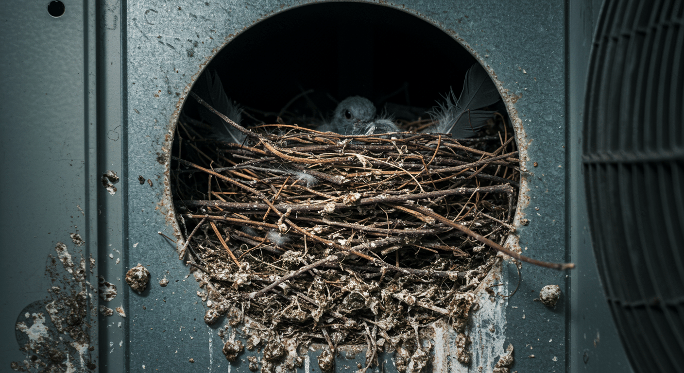 Close-up of a pigeon nest with droppings inside a commercial HVAC system.