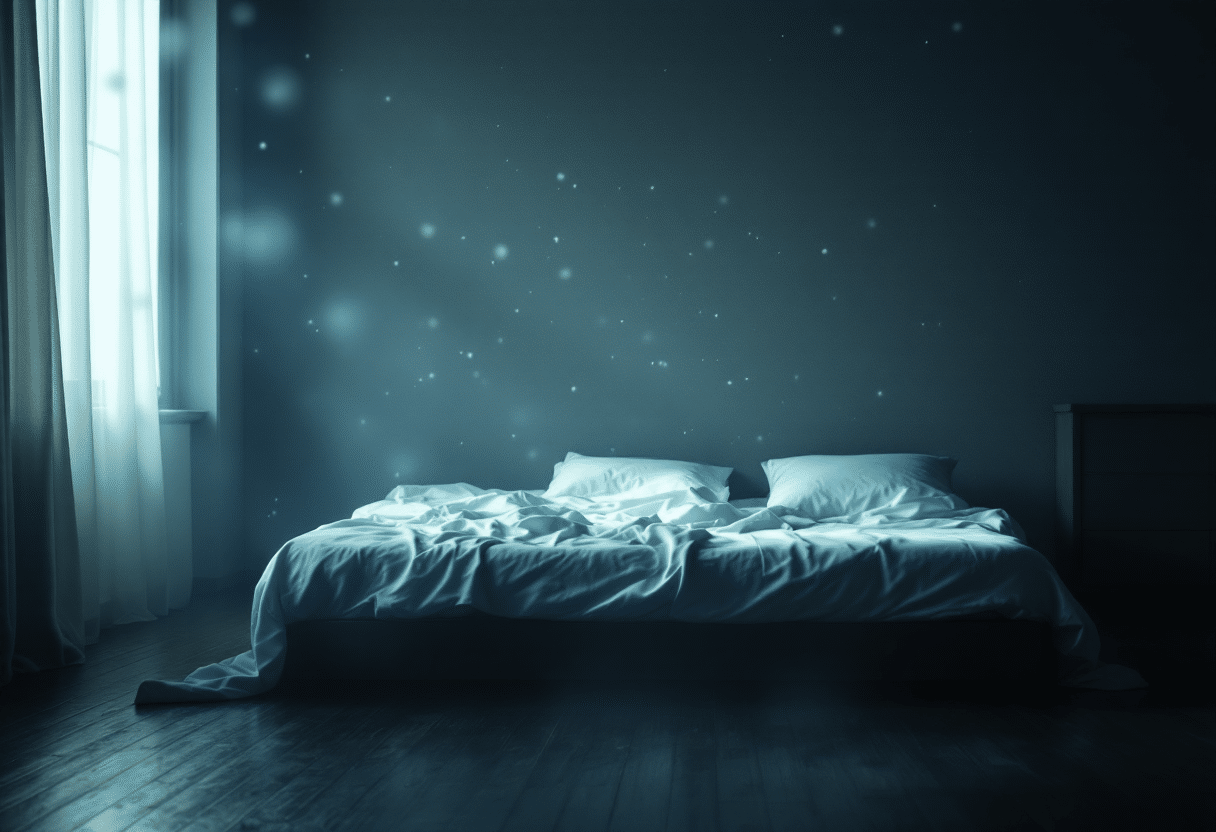 Stripped mattress pulled away from the wall to reduce bed bug hiding spots.