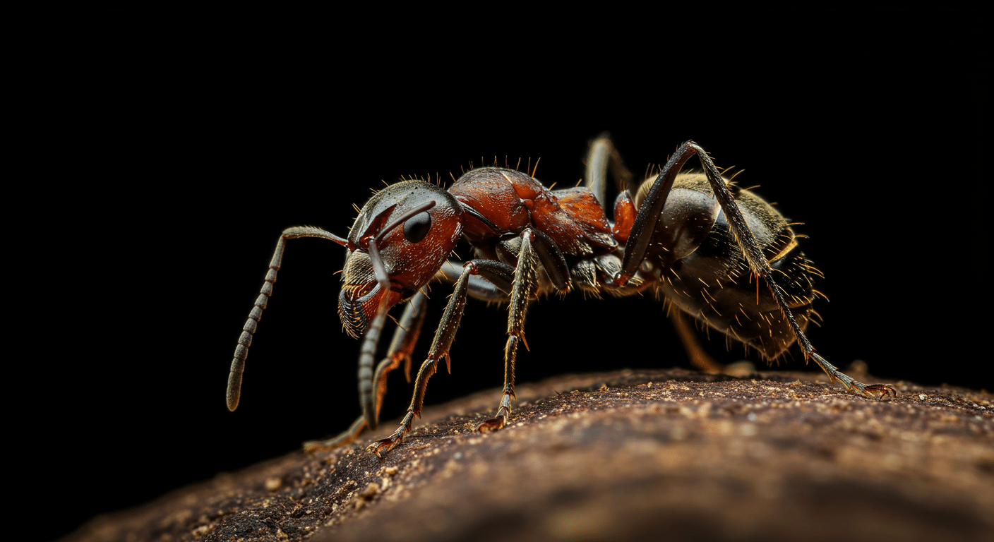 Extreme close-up of a carpenter ant showing body hairs, mandibles, and segmented legs.