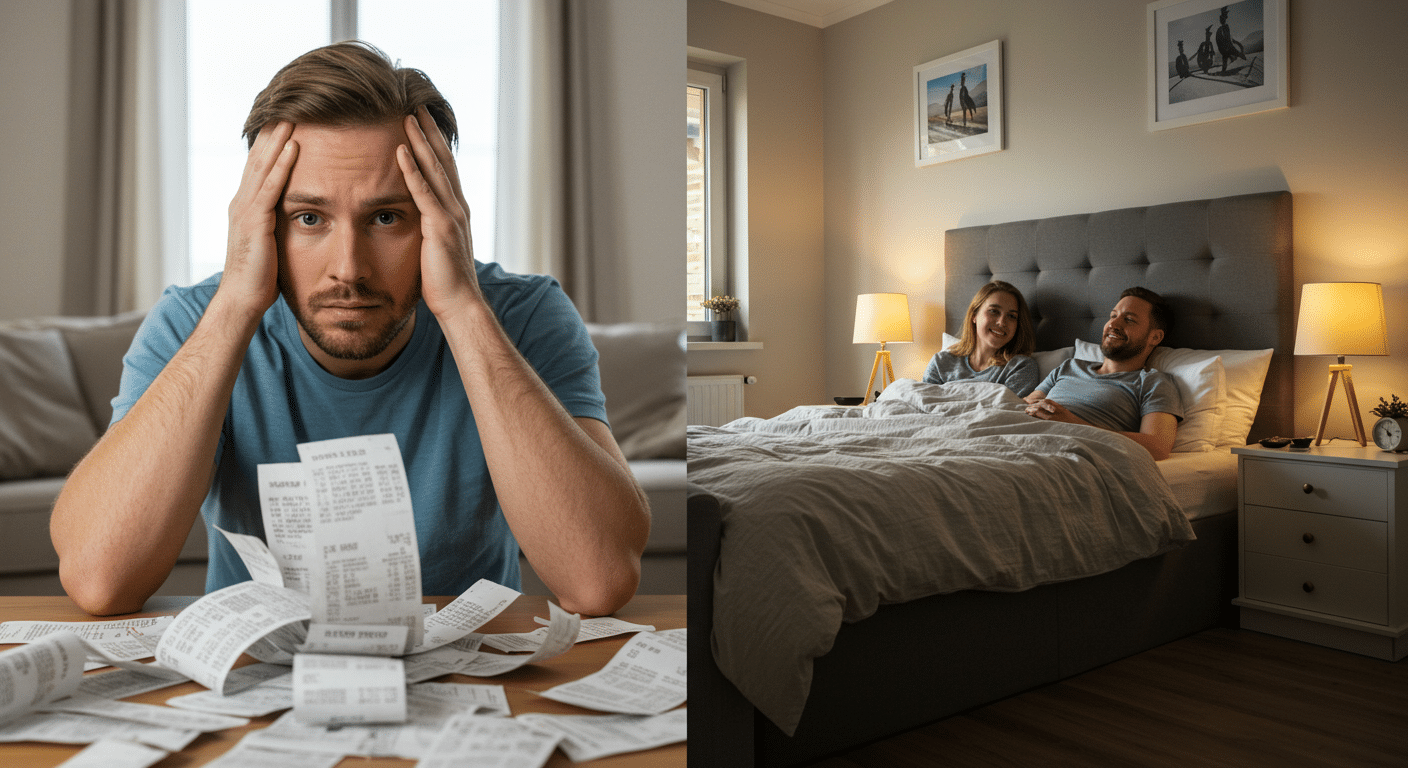 Split image of a stressed homeowner looking at receipts vs a relaxed family with a pest-free bedroom