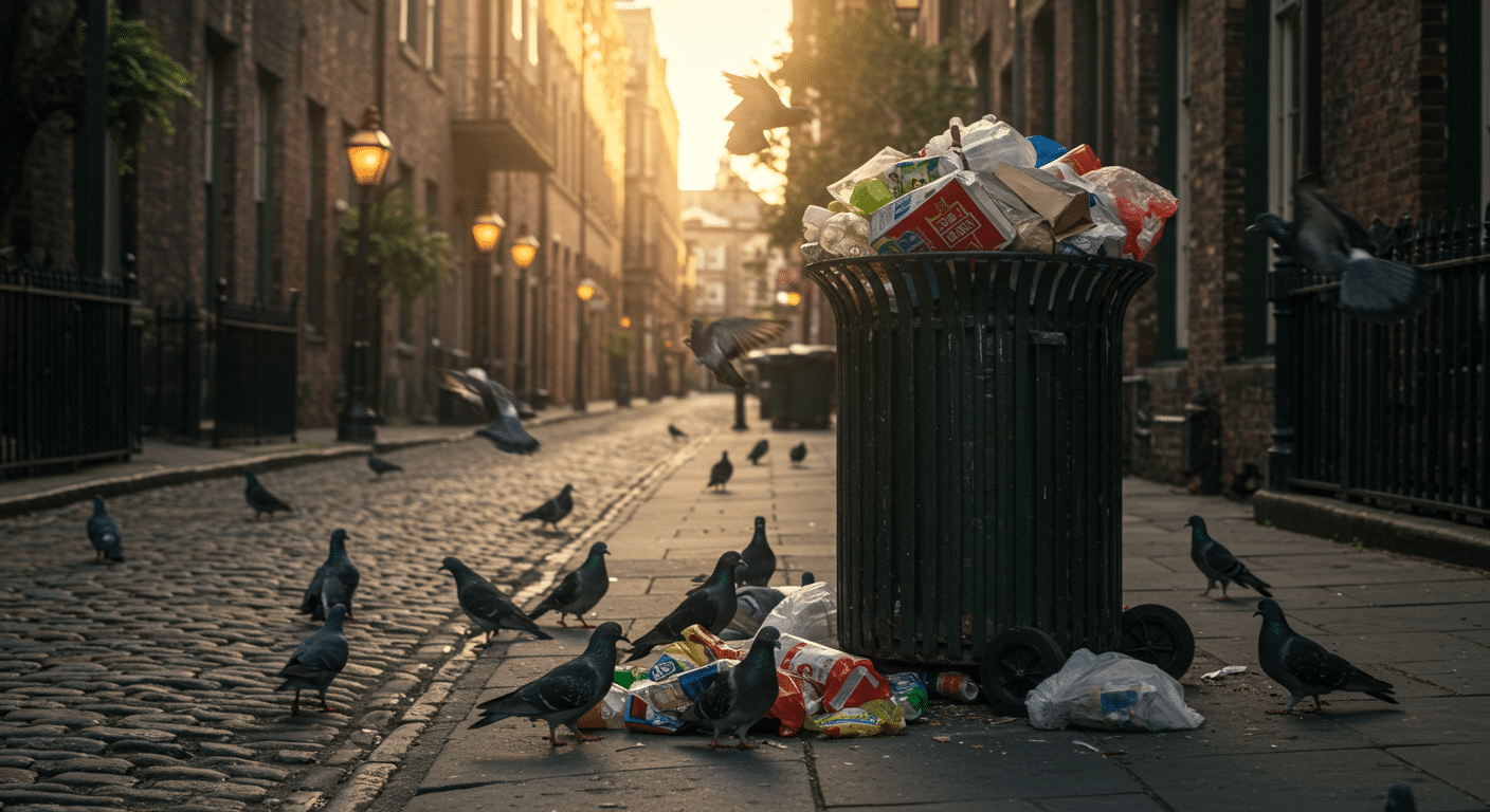 Pigeons scavenging around an overflowing trash can on a cobblestone street in Savannah, Georgia.