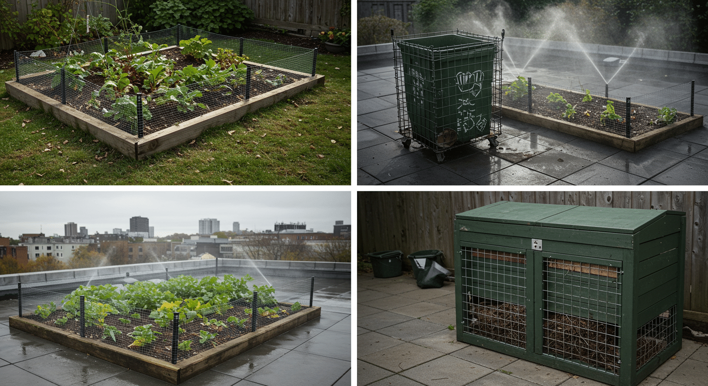 Four images showing garden protection methods, including fenced raised beds, secured compost bins, and enclosed trash containers.