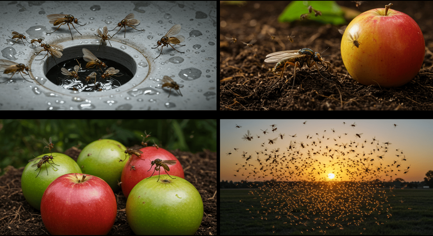 Collage showing gnats in different environments—gathering around a wet drain, on soil near apples, feeding on apples outdoors, and swarming at dusk.